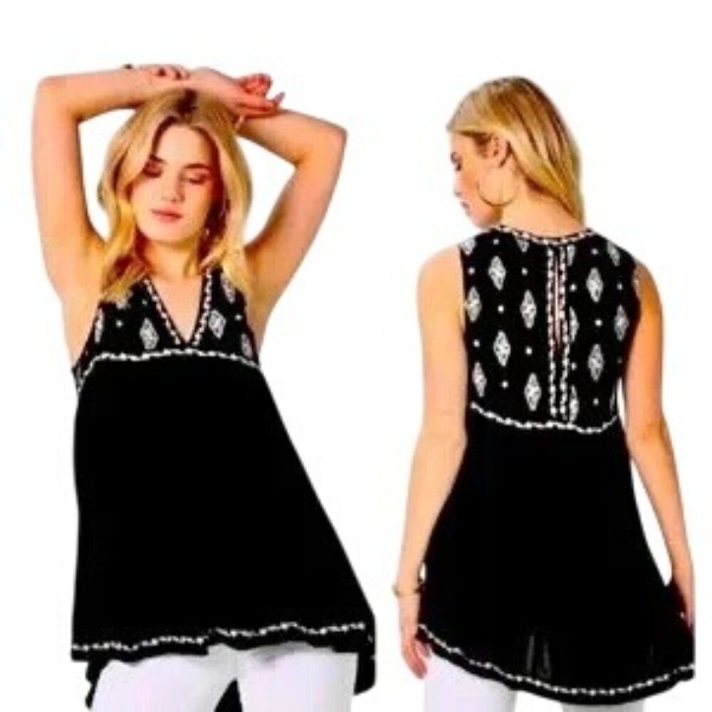 Free People Black Diamond Embroidered Tunic Top